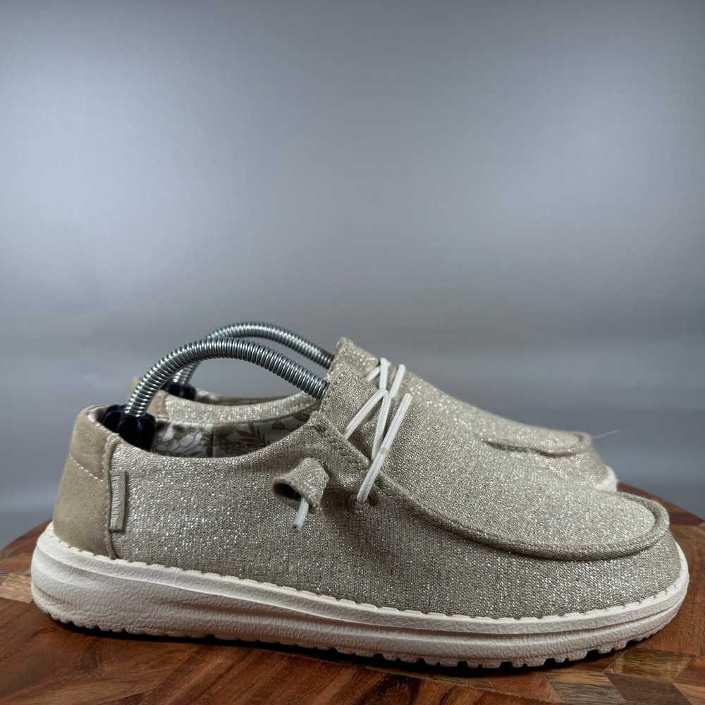 Hey Dude Wendy Stretch Sparkling Beige Gold Glitter Loafers Shoes Womens 6 37